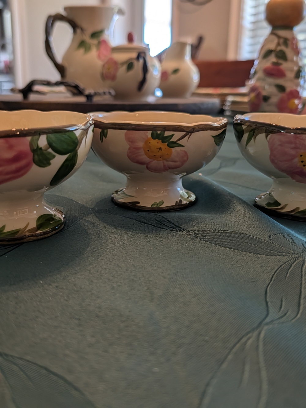 Franciscan Desert Rose Hand-Painted Floral Ceramic Dessert Bowls- Pink & Green.